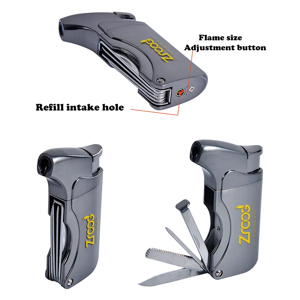 Urgrette 4 in 1 Pipe Lighter Refillable Butane Lighter Angled Soft Flames Lighter with 4 Pipe Cleaner Tools Multifunctional Gas Lighter for Camping Grill Candle